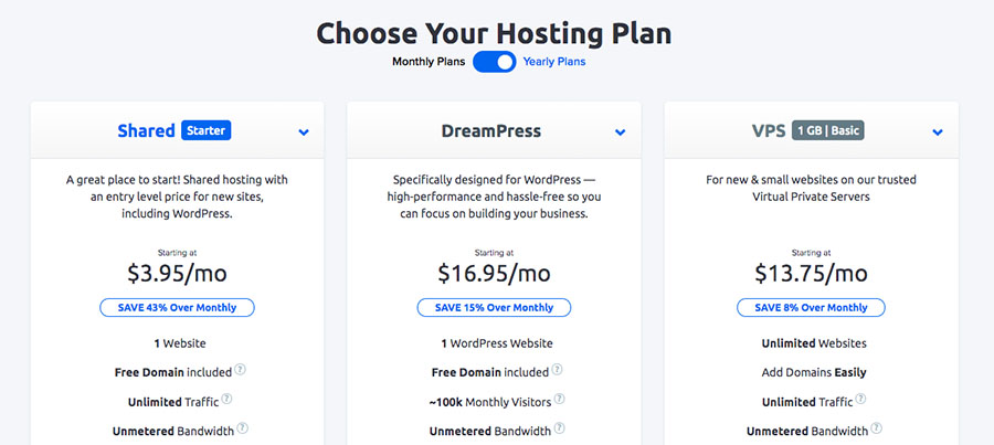 Examples of DreamHost hosting plans.