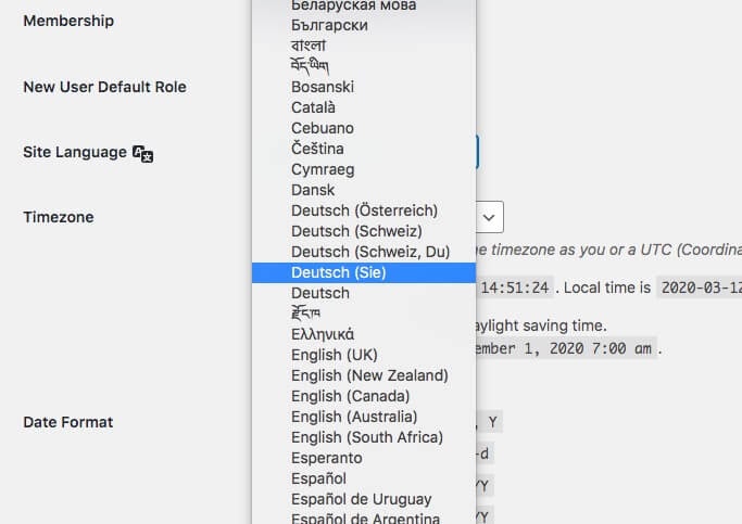 Language choices in WordPress’ General Settings.