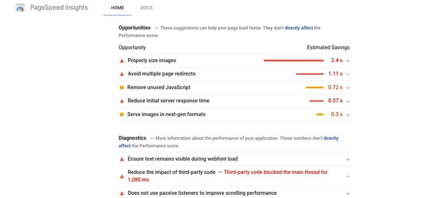 Tips for improving site speed provided by PageSpeed Insights.