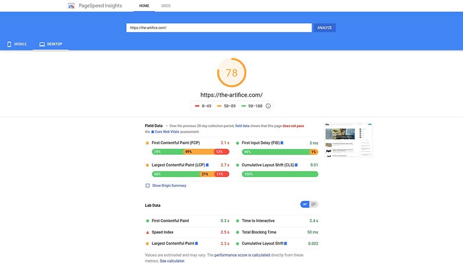 Testing page speed with the PageSpeed Insights tool.