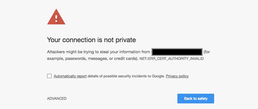 Website showing “Your connection is not private” HTTPS warning.