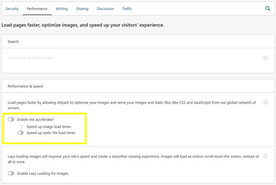 The ‘Performance’ tab of the Jetpack WordPress plugin settings.