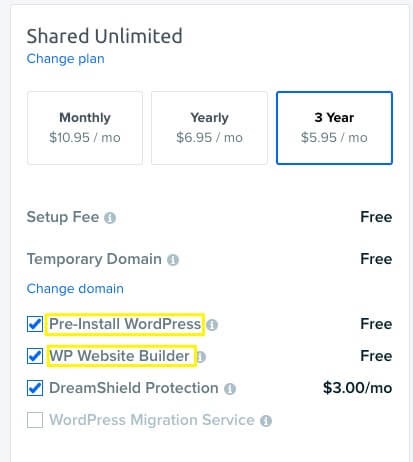 Shared Unlimited hosting options.