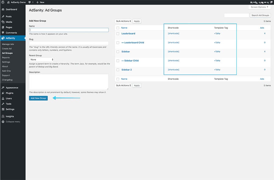 The AdSanity WordPress plugin in the WordPress dashboard.