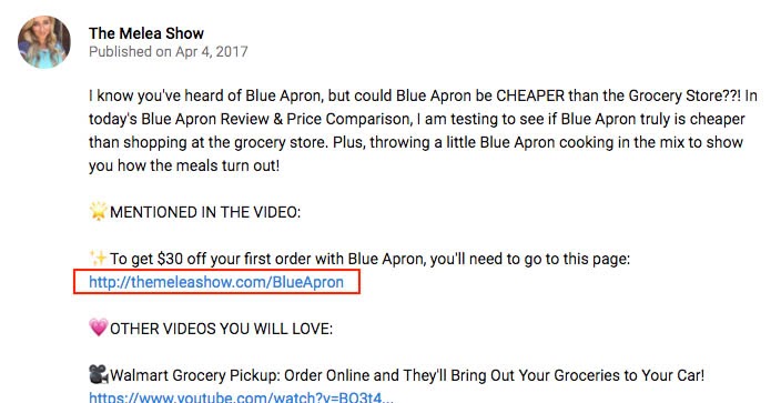 YouTube channel “The Melea Show” video description showing Blue Apron affiliate link.