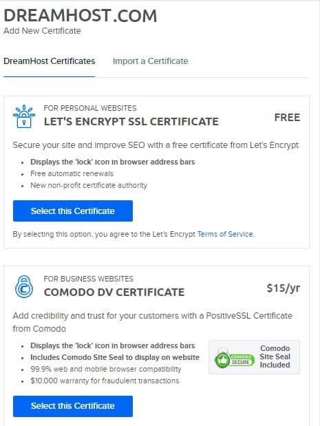 DreamHost SSL options.