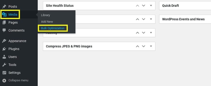 The option to bulk optimize images in WordPress via the TinyPNG plugin.