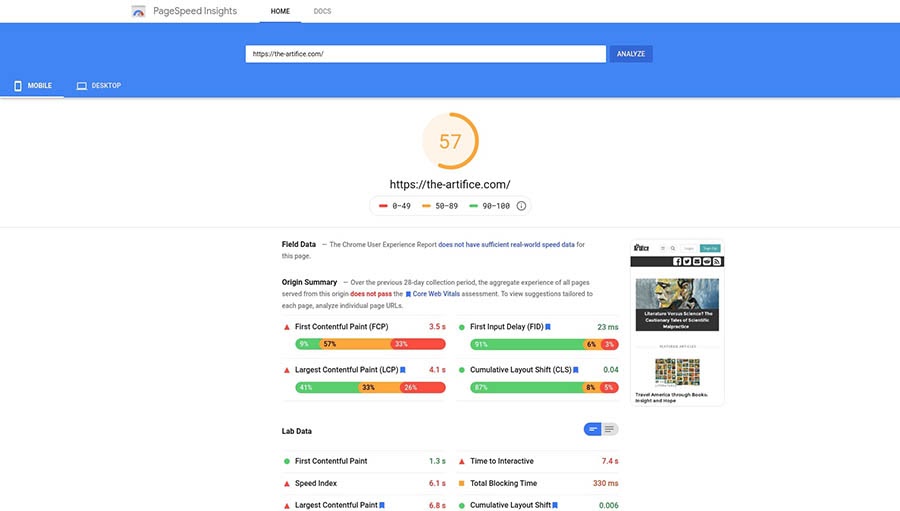 Testing page speed with the PageSpeed Insights tool.